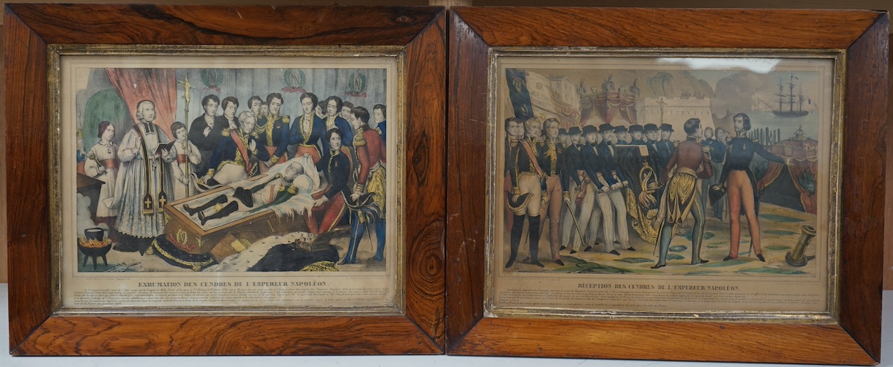 A pair of 19th century French colour lithographs, ‘Exhumation of Napoleon’ and one other, 23 x 31cm, rosewood framed. Condition - fair, discoloured throughout